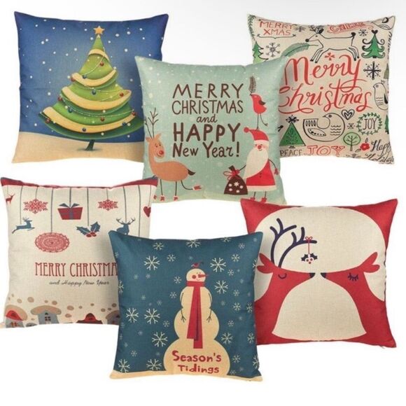 Holiday Christmas New Year Pillow Covers  | Bundle of 6 |  18”x18” - Picture 1 of 12
